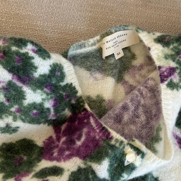 BEST Sezane Adriana Cardigan Violet Green Flowers French Knit Sweater Mohair - Picture 8 of 12